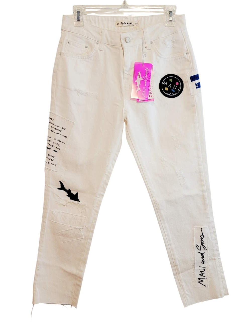 Zara x MAUI & SONS Limited Edition White Distressed Patch Details Cropped Jeans